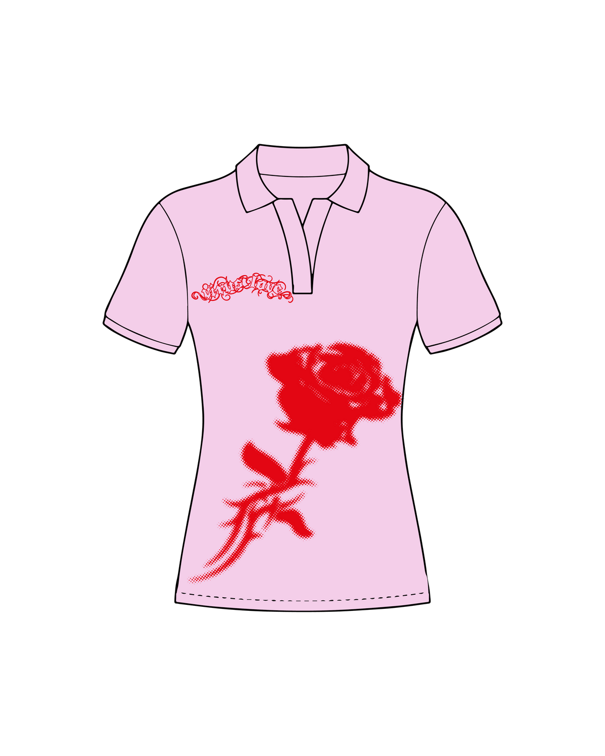 Polo rosa viruslove con serigrafía con brillo hecha a mano